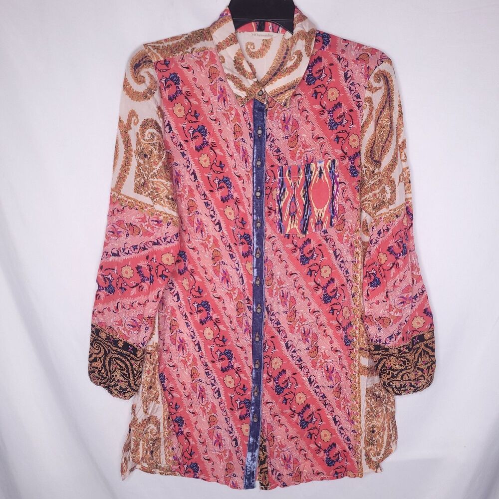 Soft Surroundings Tunic Petite Small Red Floral Velvet Trim